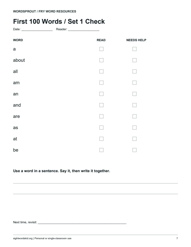 Actual pack page: independent reading checklist and sentence writing