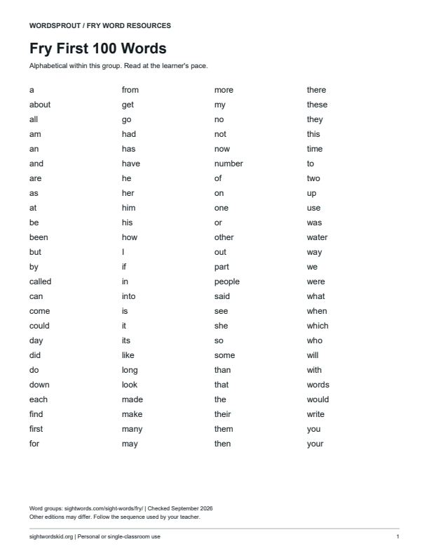 Actual PDF sample: Fry First 100 word list in four columns