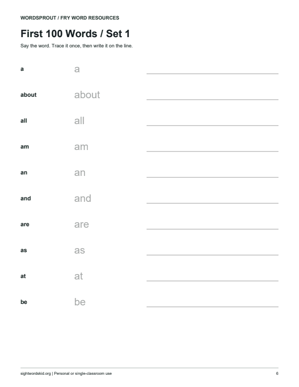 Actual pack page: trace and write the first ten words